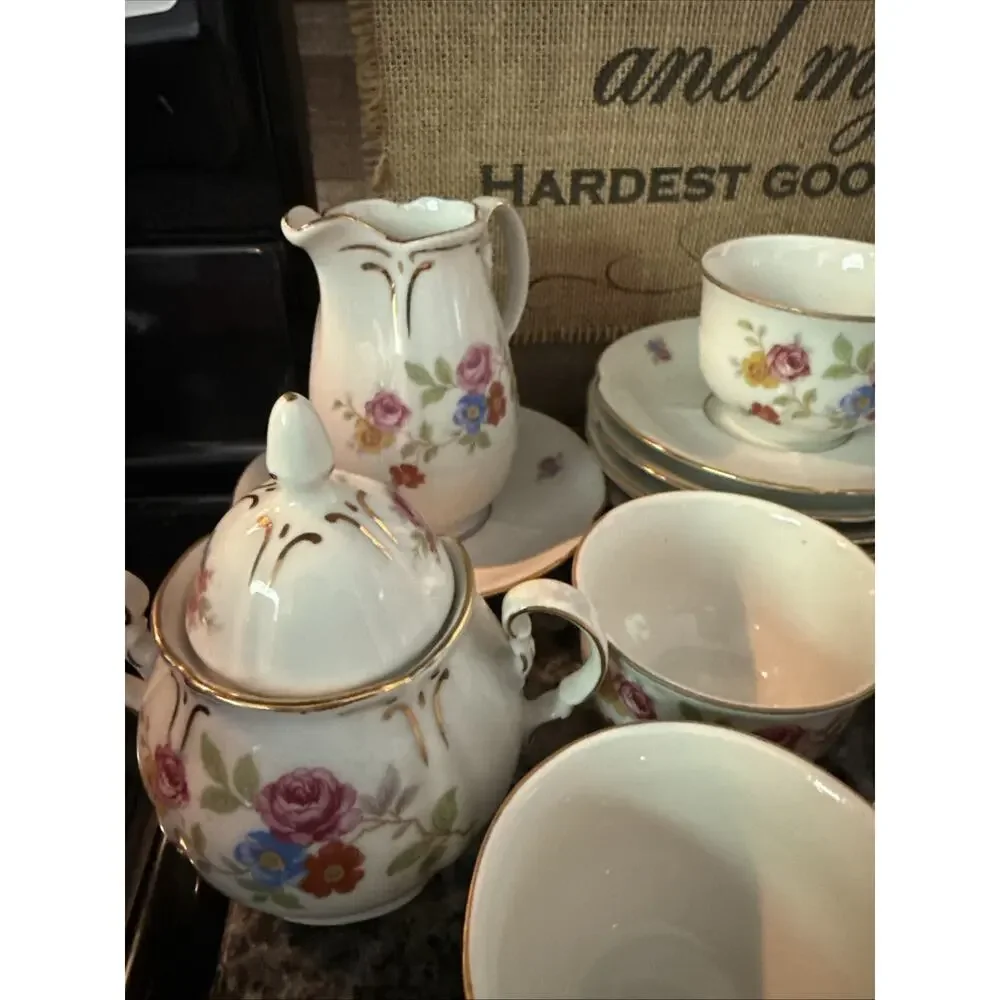 Vintage Rare Us Zone Germny Porcelain Tea Set Beautiful 14Piece Floral Gold Trim
